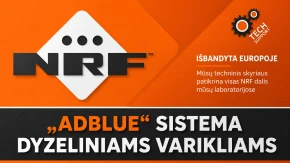 Grafikas, kuriame pavaizduota NRF "AdBlue" sistema dyzeliniams varikliams, su techninės pagalbos informacija.