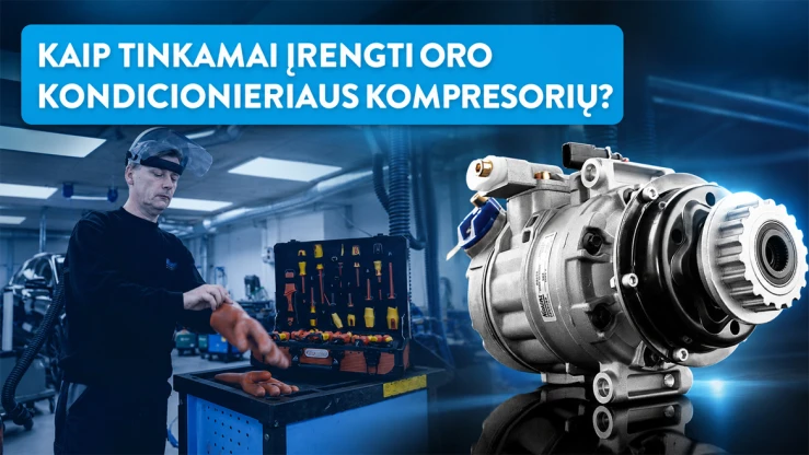 Kaip tinkamai sumontuoti oro kondicionierių kompresorius Technikas, dirbantis su oro kondicionieriaus kompresoriumi su įrankiais dirbtuvėse.