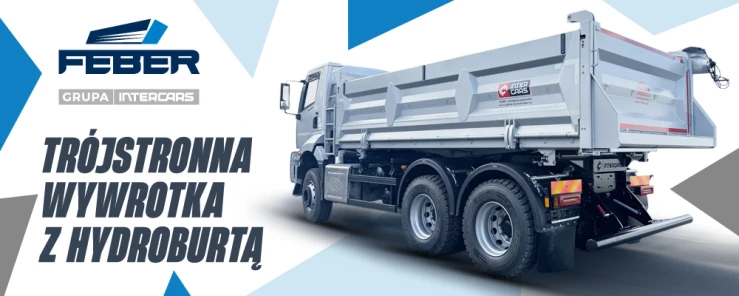 Trójkierunkowy pickper z wywrotką Febar z hydrauliczną klapą bagażnika, co pokazuje solidną konstrukcję i funkcjonalność.