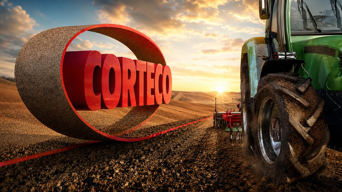 "Corteco" logotipas su traktoriumi saulėlydžio metu "Corteco" logotipas matomas su traktoriumi lauke saulėlydžio metu.
