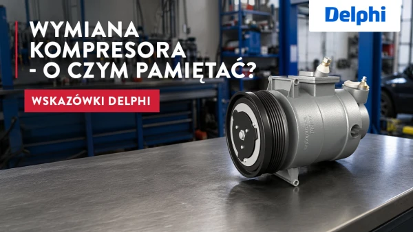 Kompresor Delphi wystawiony na stole warsztatowym, a narzędzia w tle.