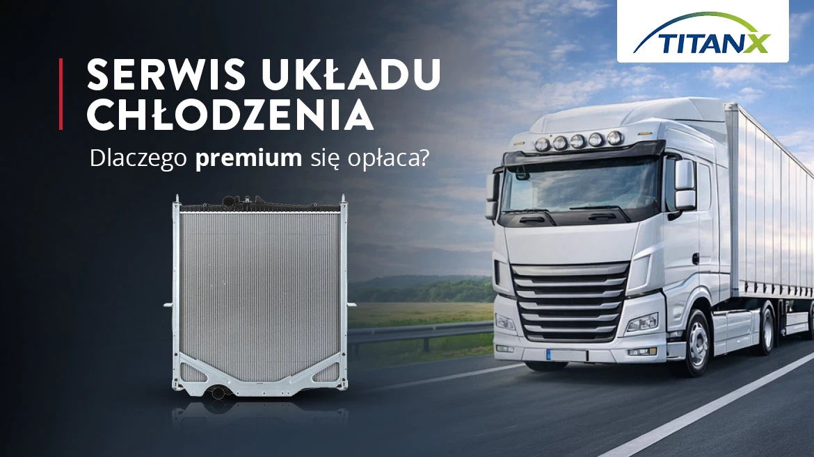 Ciężarówka na drodze z elementem układu chłodzenia prezentowanym na wyświetlaczu, promująca premium usługę TitanX.