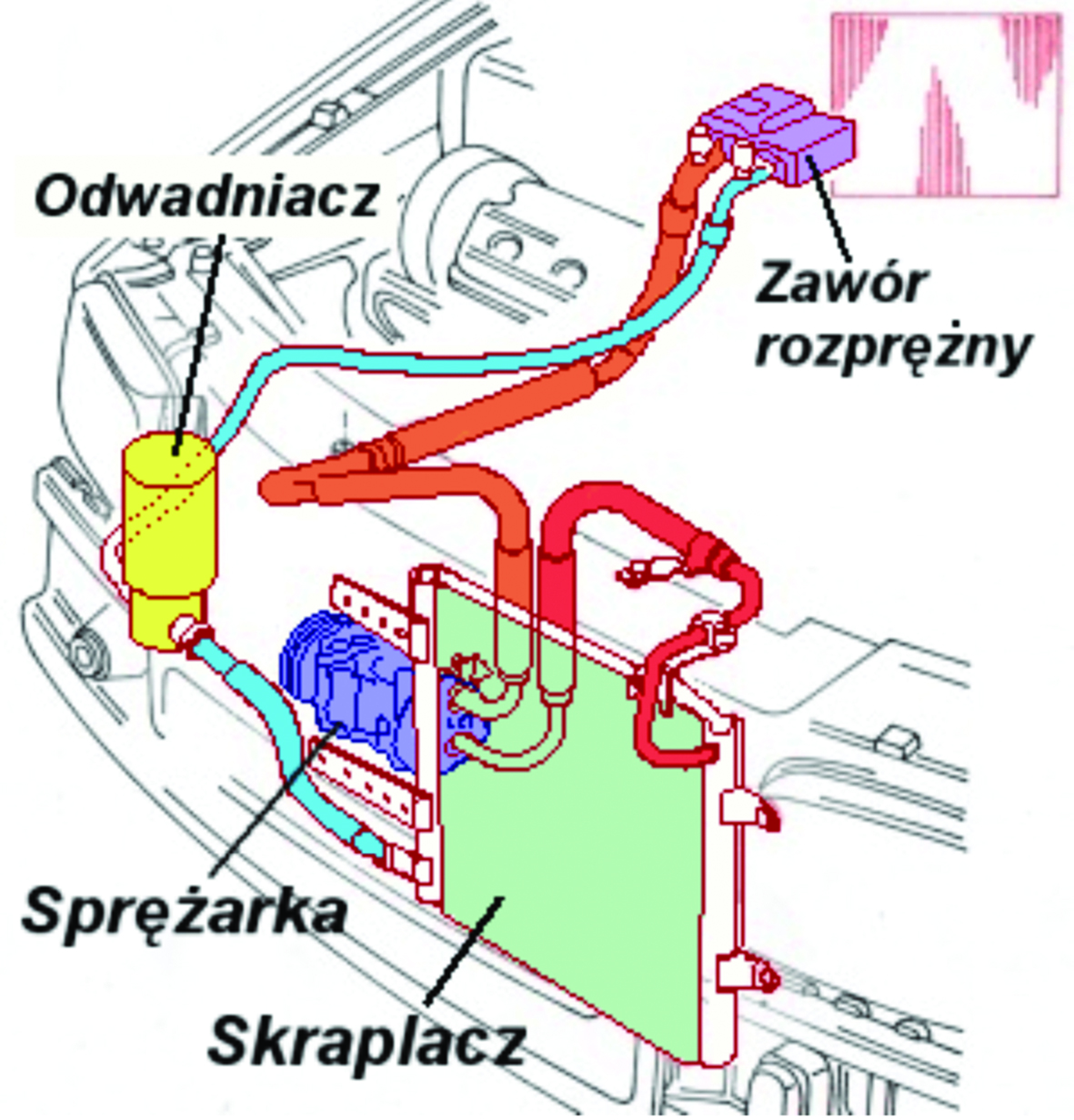 Główne elementy układu klimatyzacji skraplacz i parownik