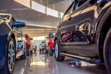 Wnętrze salonu samochodowego z rzędem zaparkowanych pojazdów, widok z poziomu podłogi ukazujący boczne profile i tyły różnych modeli samochodów