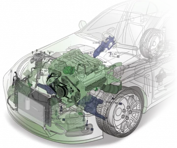 Grafika przedstawiająca przekrojowy widok pojazdu z widocznym silnikiem, układem napędowym i innymi elementami wewnętrznymi