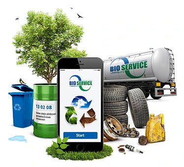 Grafika przedstawiająca usługę recyklingu z różnymi elementami związanymi z ochroną środowiska