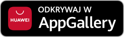 Czarny przycisk odkrywania aplikacji z logo Huawei i napisem 'Odkrywaj w AppGallery' na białym tekście